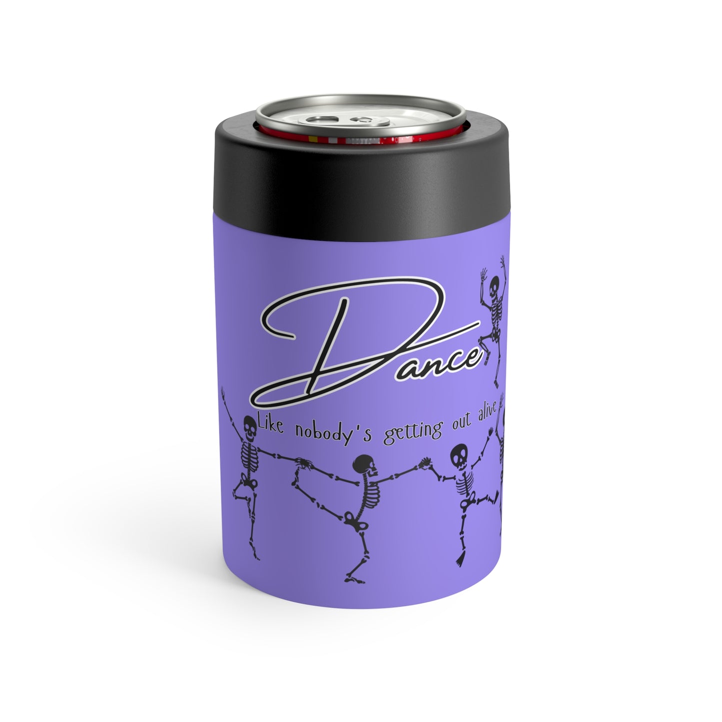 Dancing Skeleton Can Cooler — Purple Dance Like Nobody's Getting Out Alive Halloween Beverage Insulator