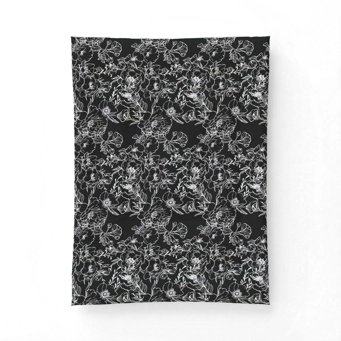 Peonies Tattoo Artwork (White) - on Black Cotton Comforter — Soft White Down Alternative Duvet Insert