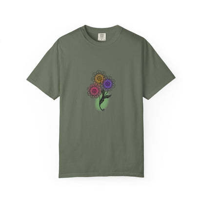 Skull Flower Mandela Trio - Unisex T-Shirt — Hand-Drawn Flower Bouquet & Sugar Skull Back Print