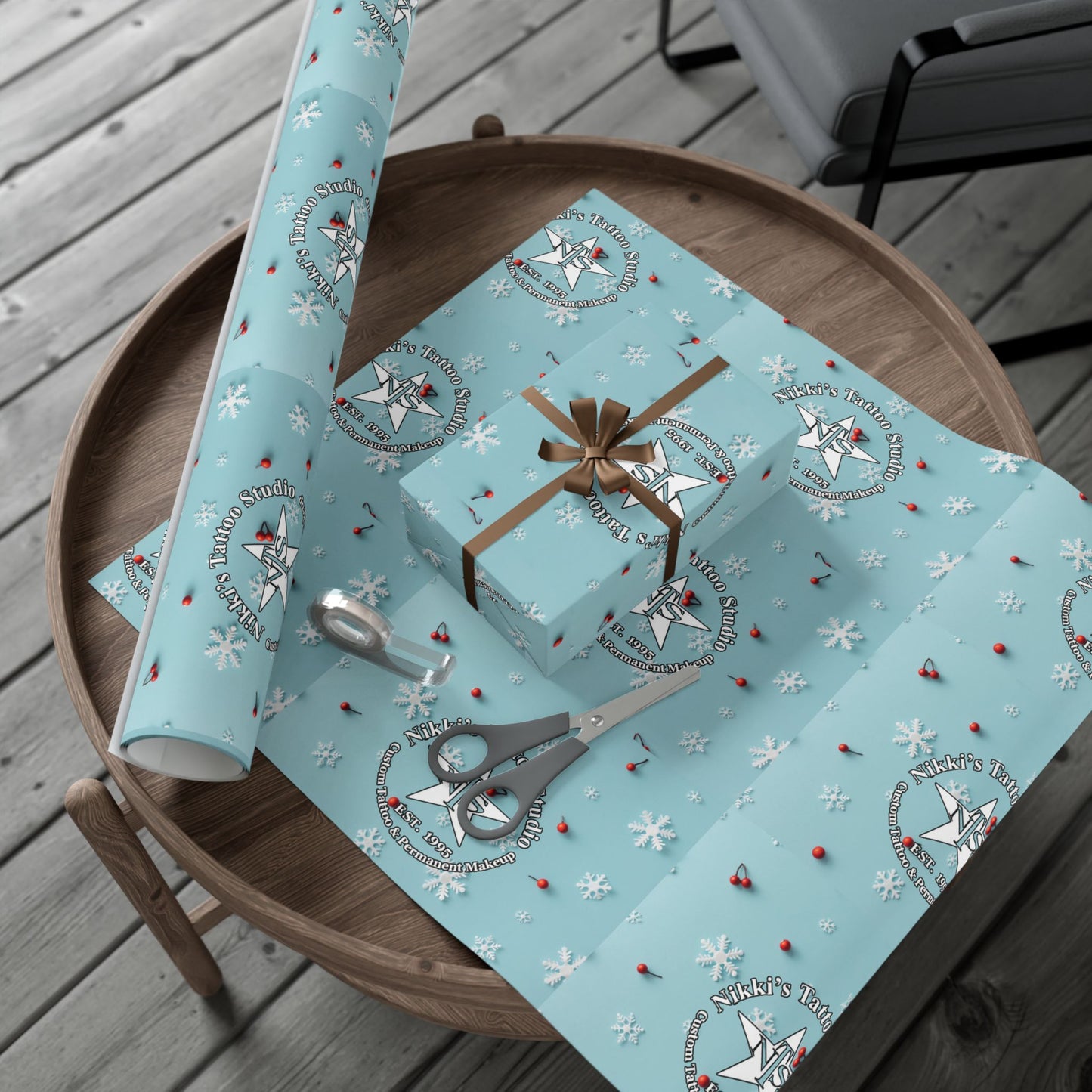 Nikki's Tattoo Studio Holiday Gift Wrapping (Matte or Satin) Snowflakes & Cherries Artwork