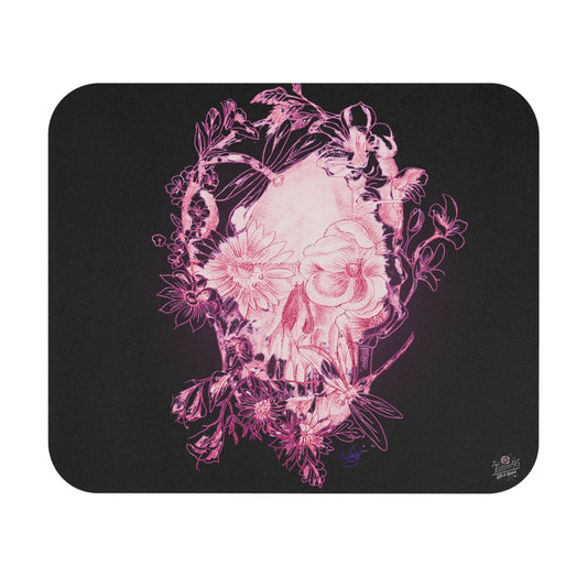 Floral Skull and Dragonfly Tattoo Art (Pink) - Mouse Pad — Elegant Purple & Black Desk Mat