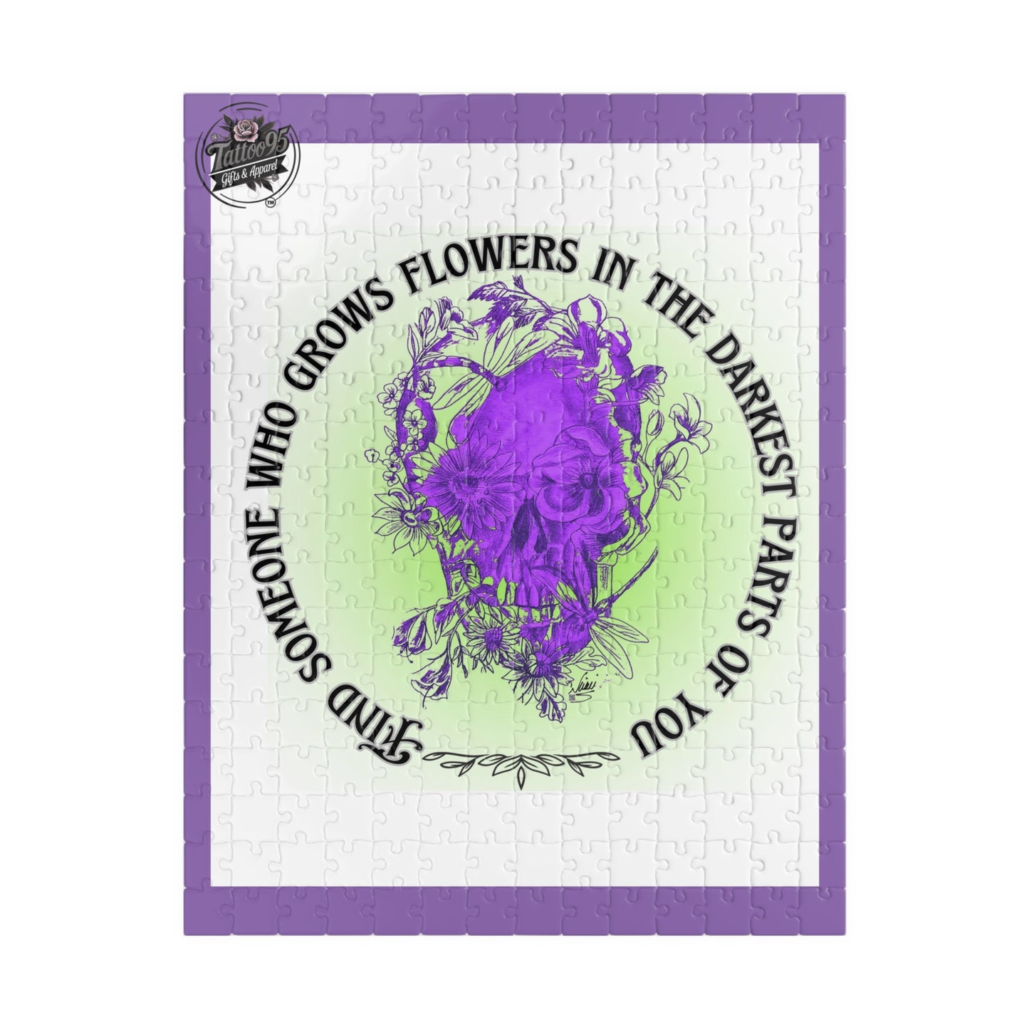 Floral Skull and Dragonfly Tattoo Art (Purple) - Find Someone Who Grows Flowers in the Darkest Part of You  - Jigsaw Puzzle — PIECES are 110, 252 and 520 Glossy Finish