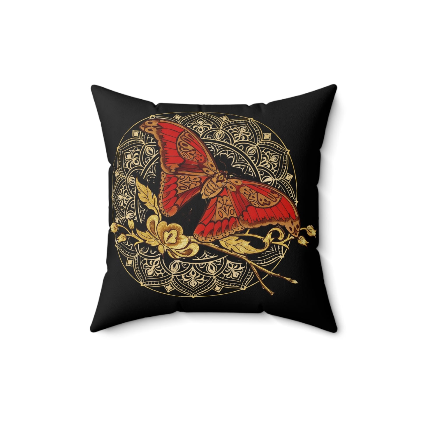 Red & Gold Moth Tattoo Pillow — Spun Polyester Decorative Black