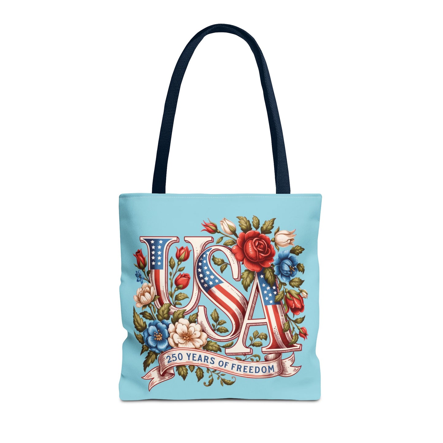 Floral USA -- Happy 250th Birthday America Tote Bag — Patriotic 4th of July Celebration Tote