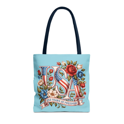 Floral USA -- Happy 250th Birthday America Tote Bag — Patriotic 4th of July Celebration Tote