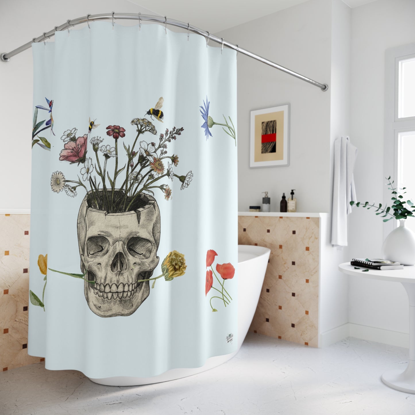 Floral Skull Planter - Tattoo Artwork Shower Curtain — Floral Skull Bathroom Decor