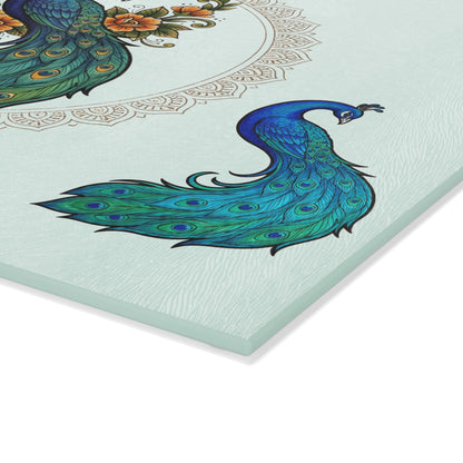 Floral Peacock - Glass Cutting Board — Decorative Tempered Glass Chopping Board with Elegant Peacock Design