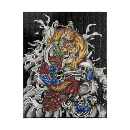 Tiger, Dragon & Skulls - Tattoo-Style Puzzle — Jewel-Toned Glossy Art (110/252/520/1014 pcs)