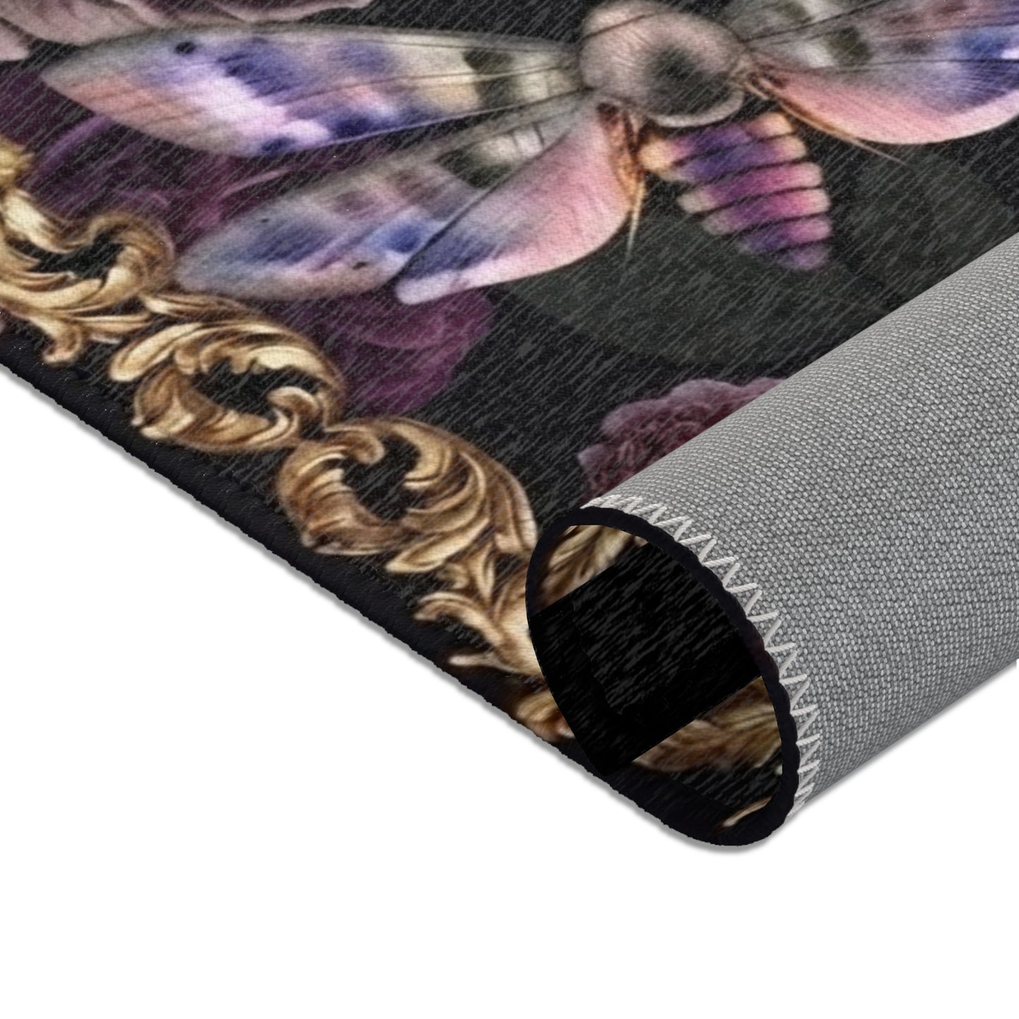 Dark Purple Moths & Roses with Gold Filigree Area Rug
