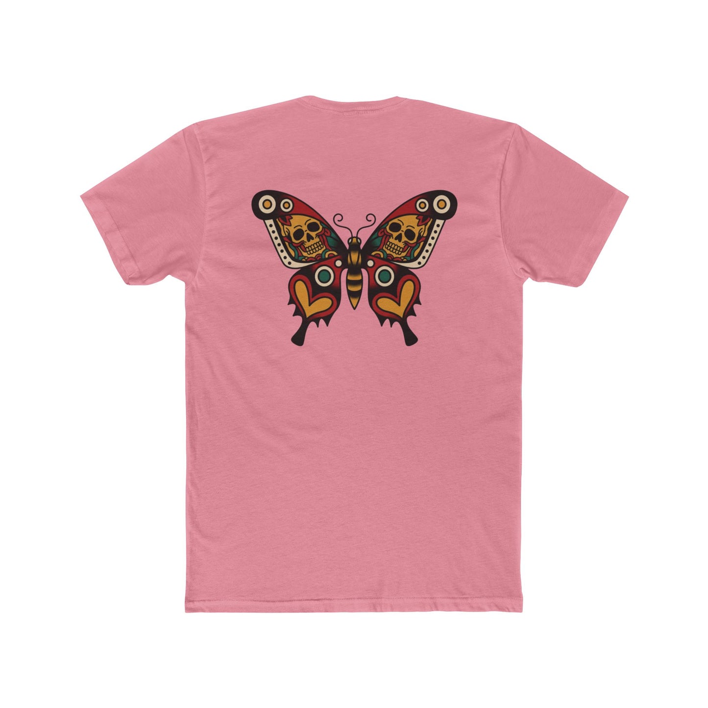 Moth & Skulls Crew Tee — Red Yellow & Green Graphic 'Quiet Promise' Cotton Tee