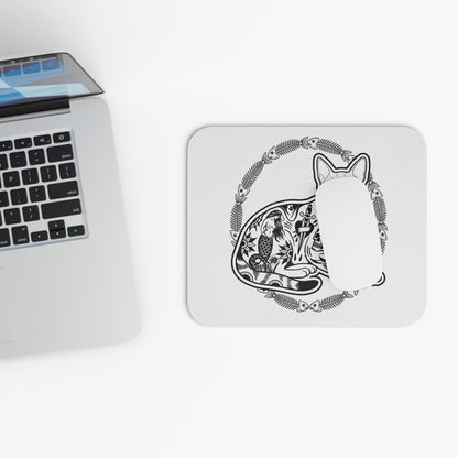 Tattooed Cat Fish Bones Circle Original Tattoo Artwork - Mouse Pad — Elegant White & Black Desk Mat