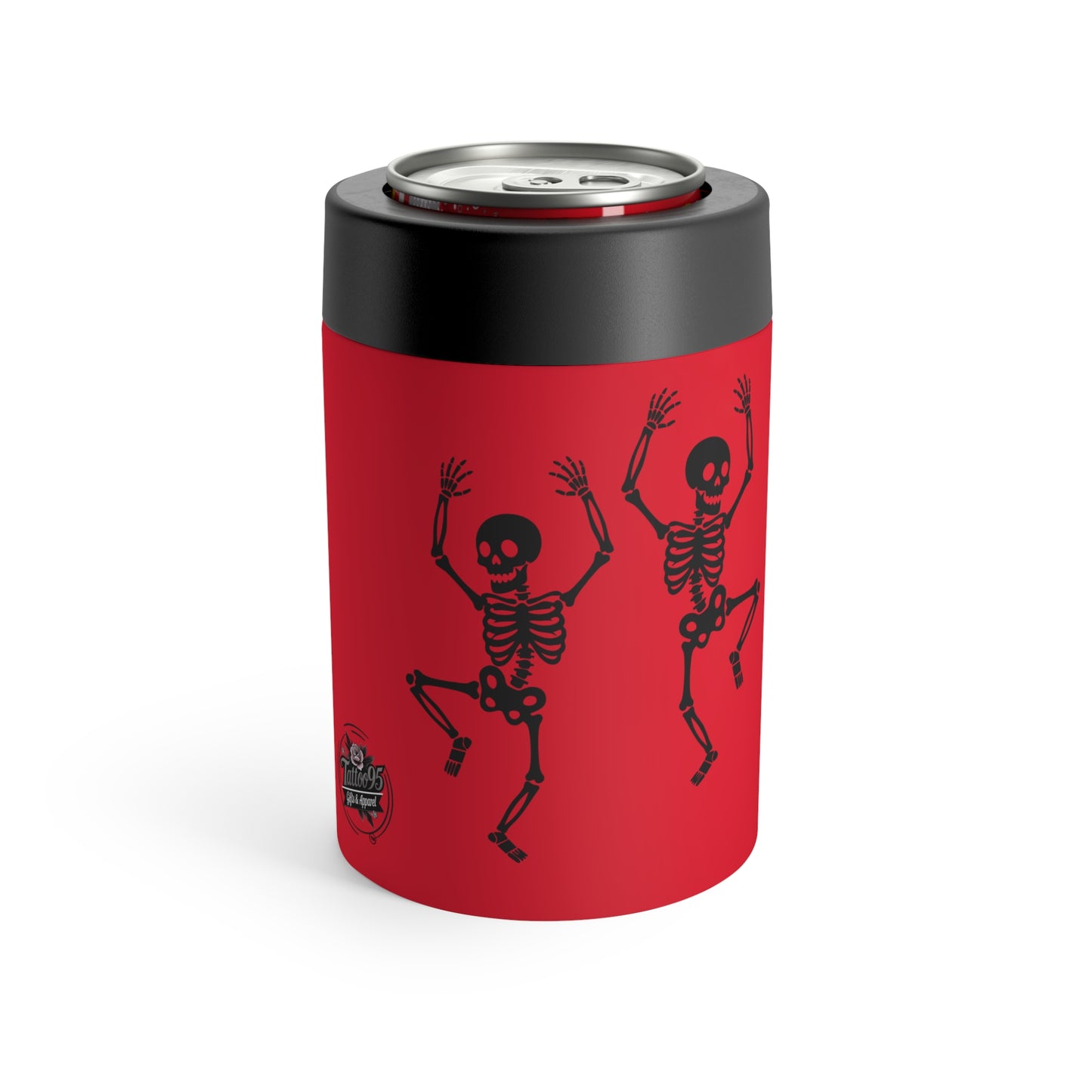 Dancing Skeleton Can Cooler — Red Halloween Beverage Insulator