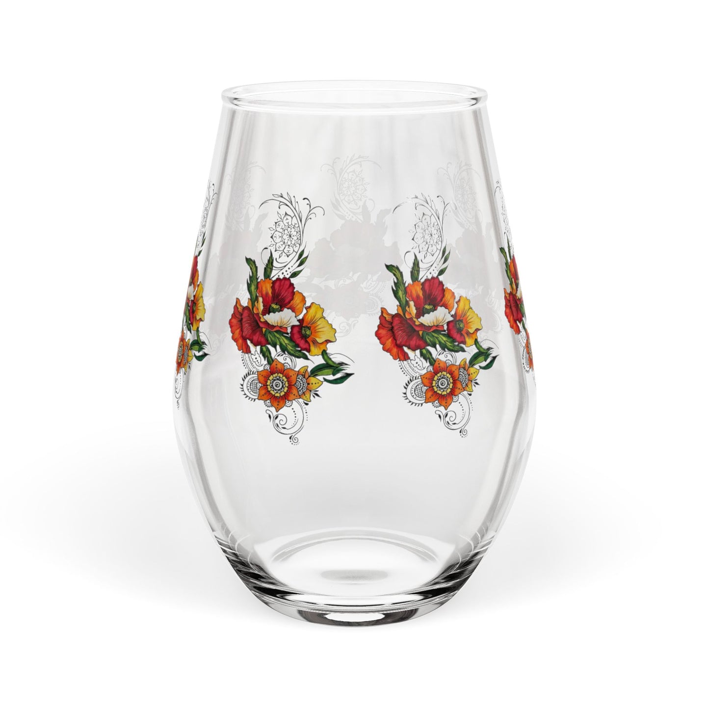 Orange & Red Poppy Flowers Original Tattoo Artwork - Stemless Wine Glass, 11.75oz