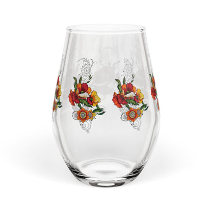 Orange & Red Poppy Flowers Original Tattoo Artwork - Stemless Wine Glass, 11.75oz