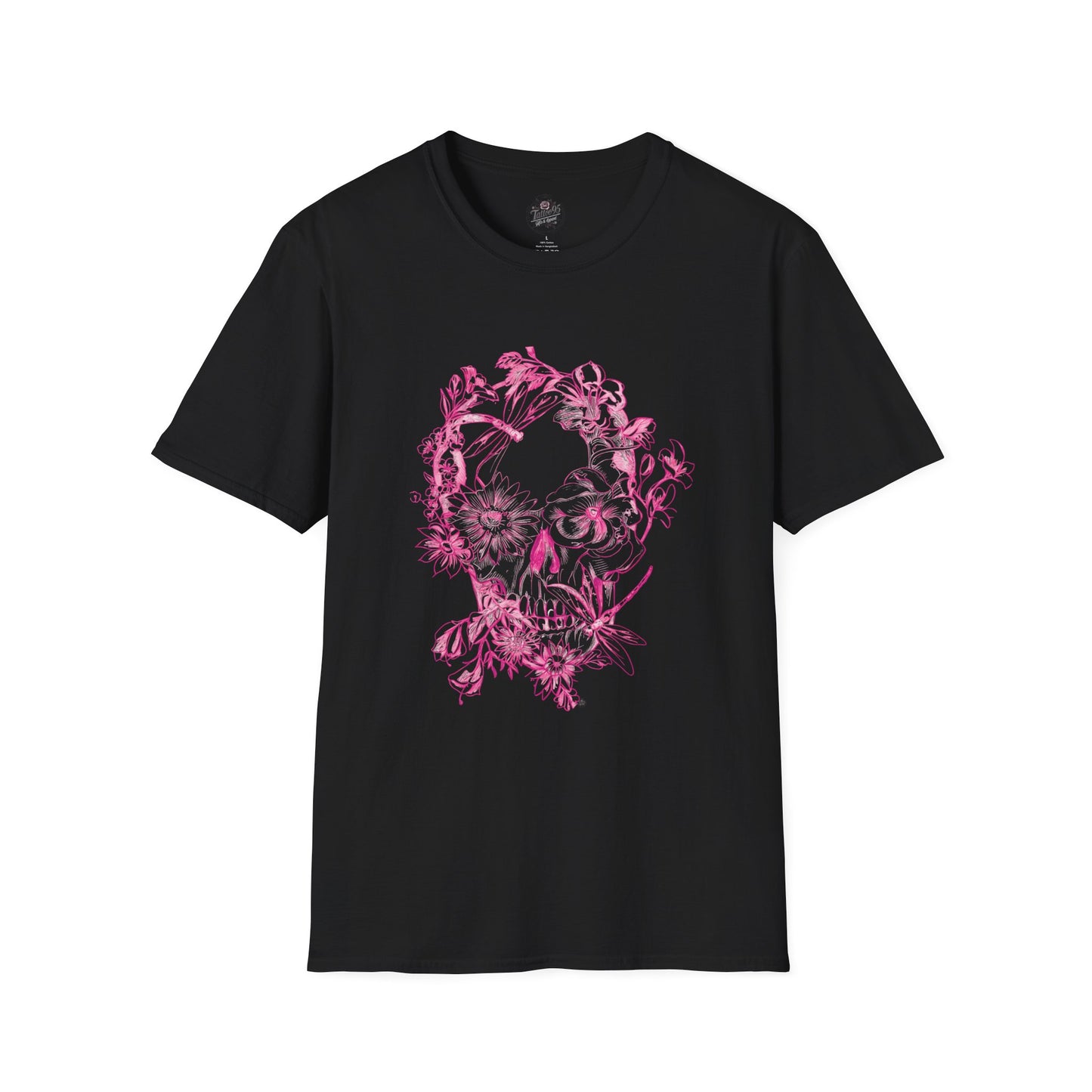 Floral Skull and Dragonfly Tattoo Art (Pink) - Unisex Softstyle T-Shirt