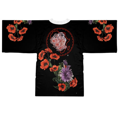 Sacred Beauty with Red Poppy Purple - Kimono Robe — Silky Long-Sleeve Lounge & Party Wrap
