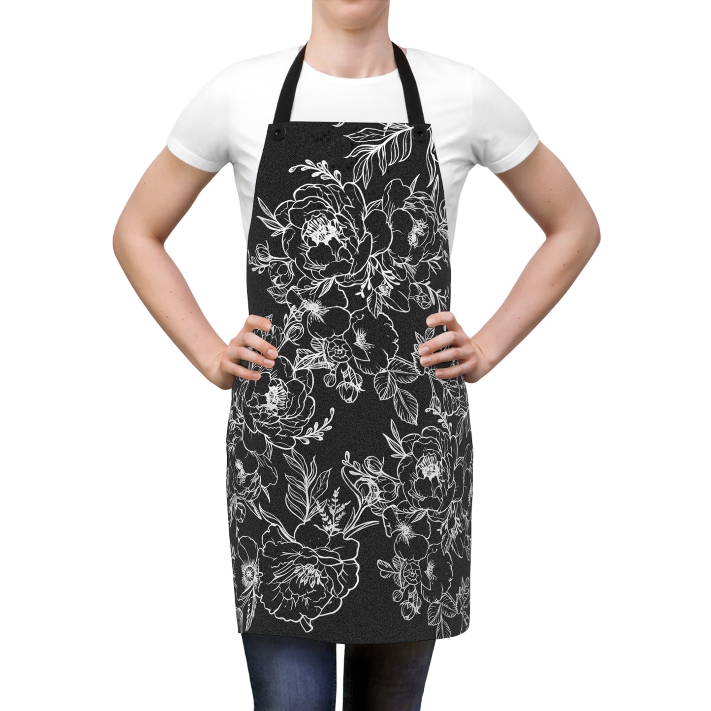 Peonies Tattoo Artwork - Black Apron - White Peonies