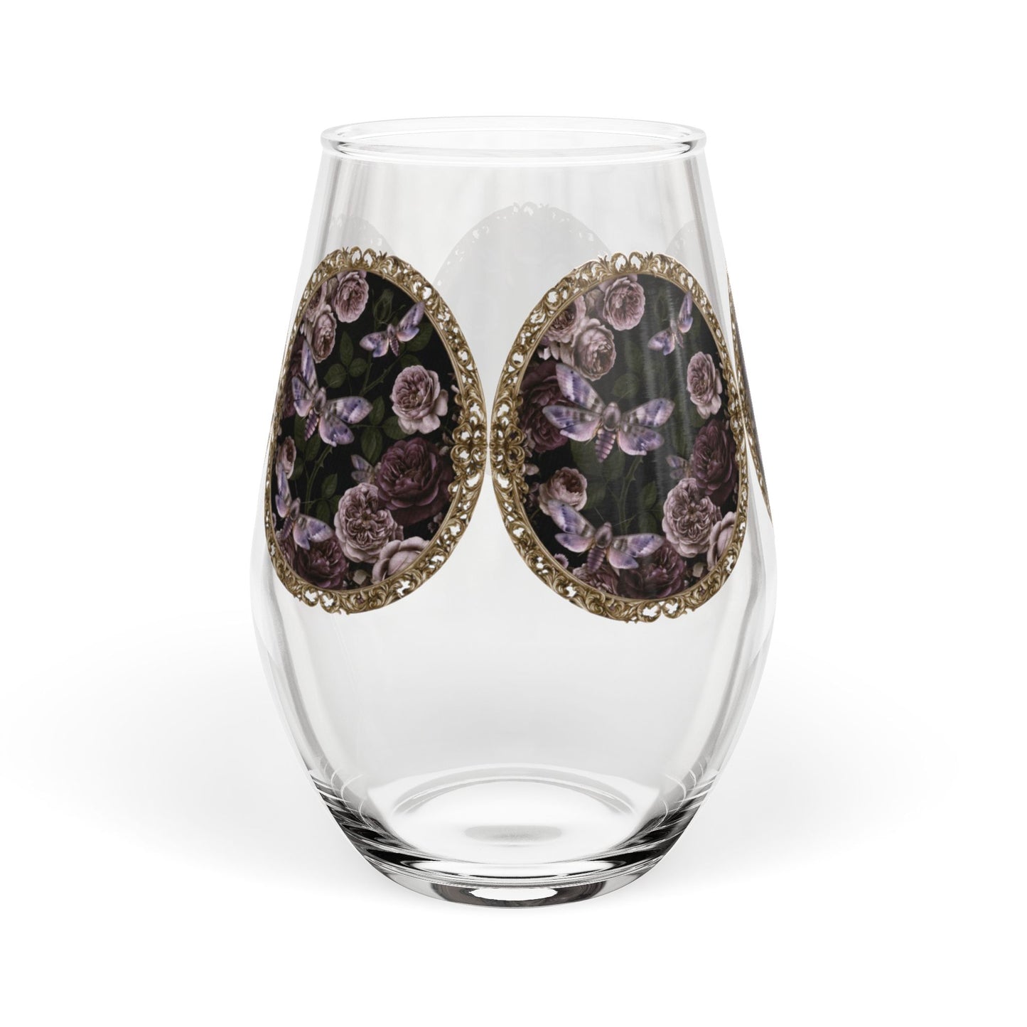 Purple Moths Vintage Floral Medallion Stemless Wine Glass — 11.75 oz