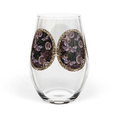 Purple Moths Vintage Floral Medallion Stemless Wine Glass — 11.75 oz