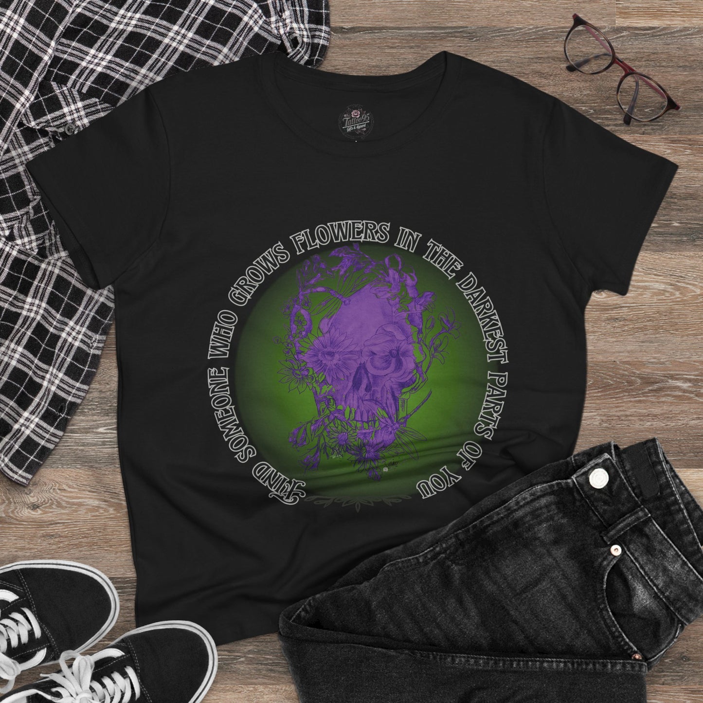 Floral Skull and Dragonfly Tattoo Art (Purple) Find Someone Who Grows Flowers In The Darkets Part of You Quote - Unisex TShirts