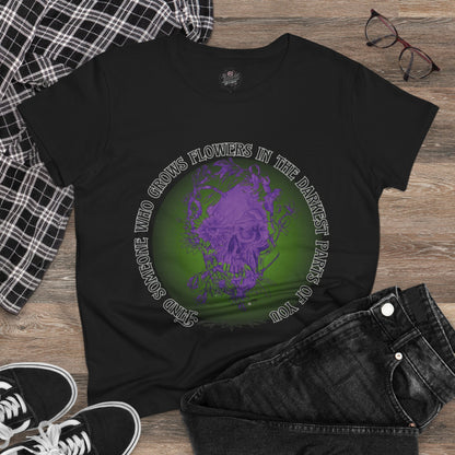 Floral Skull and Dragonfly Tattoo Art (Purple) Find Someone Who Grows Flowers In The Darkets Part of You Quote - Unisex TShirts
