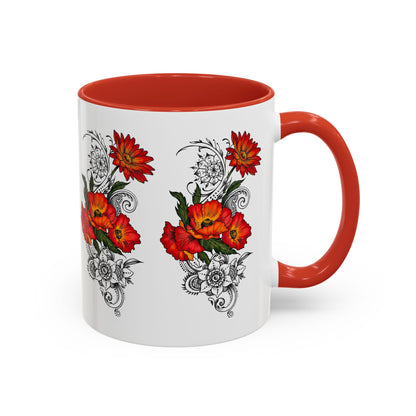 Orange & Red Poppy Flowers Original Tattoo Artwork - Coffee Mug (11oz & 15oz) Your choice of Interior & Handle choices