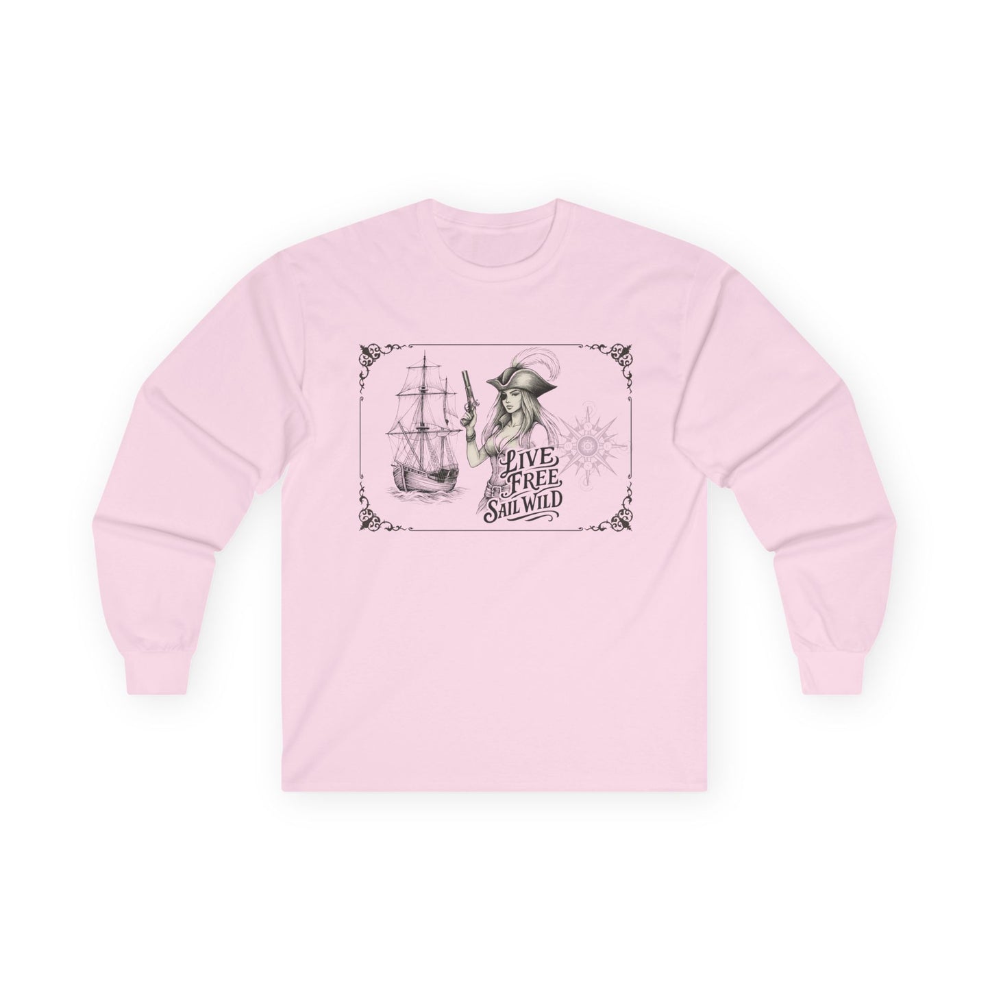 Live Free, Sail Wild Pirate Lady with Back Quote "I’m the Storm You Saw Coming" - Gildan Adult Long Sleeve Ultra Cotton T-Shirt