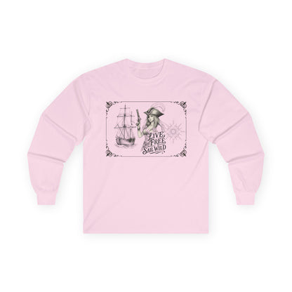 Live Free, Sail Wild Pirate Lady with Back Quote "I’m the Storm You Saw Coming" - Gildan Adult Long Sleeve Ultra Cotton T-Shirt
