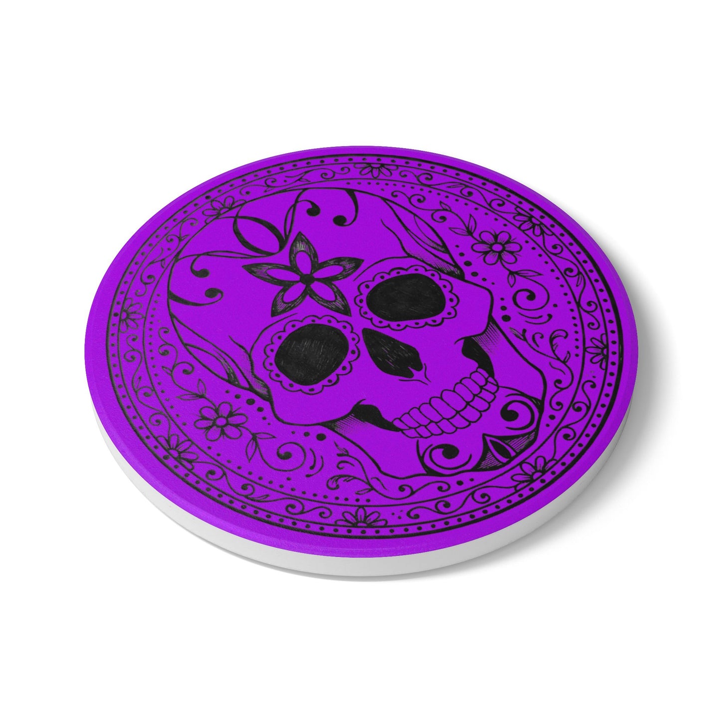 Sugar Skull - Round/Square Ceramic Drink Coaster— Purple Black Day of the Dead Decorative