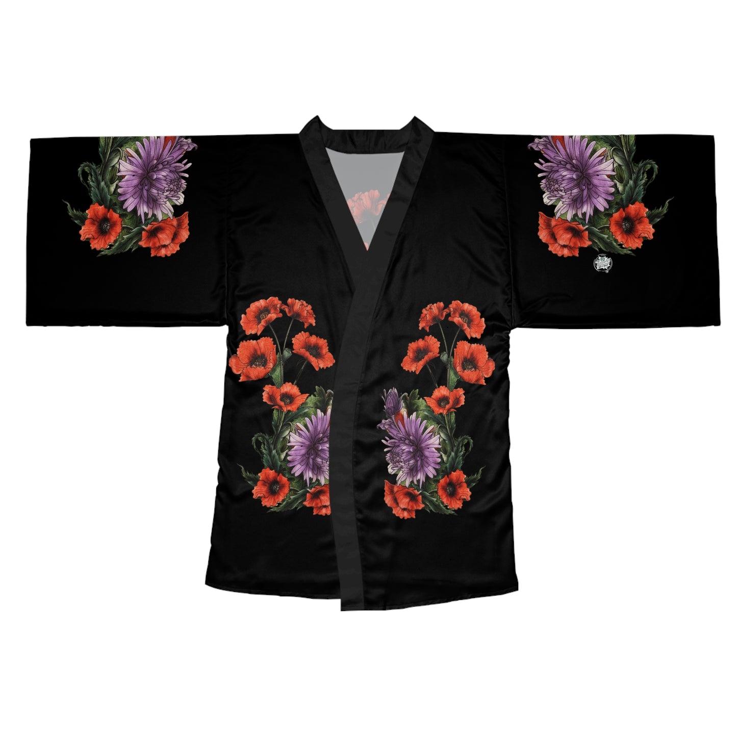 Black kimono with floral embroidery on a white background