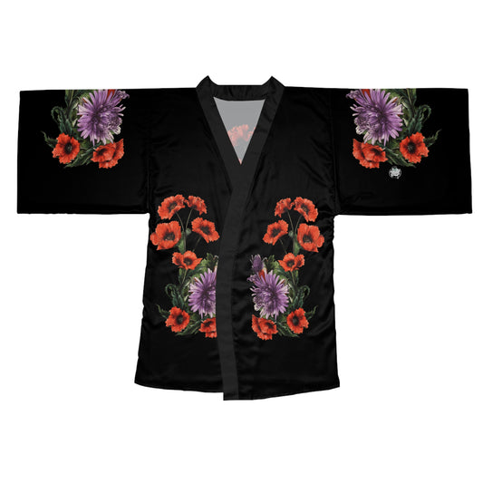 Black kimono with floral embroidery on a white background