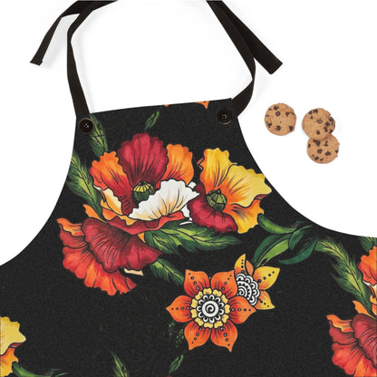 Orange & Red Poppy Flowers Original Tattoo Artwork - Black Apron