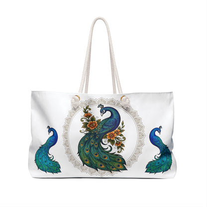 Floral Peacock - Weekender Bag — Spacious Travel Tote with Elegant Bird Mandala Design