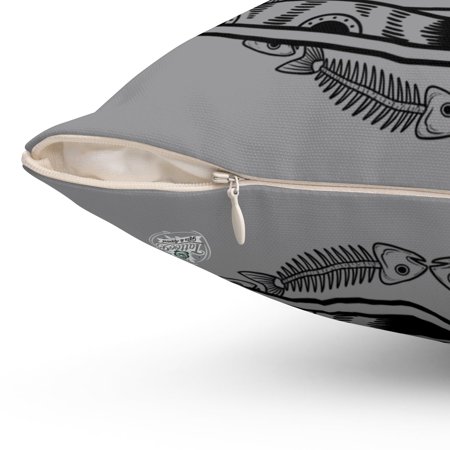 Tattooed Cat Fish Bones Circle Original Tattoo Artwork - Pillow, Home Decor, Grey Pillow