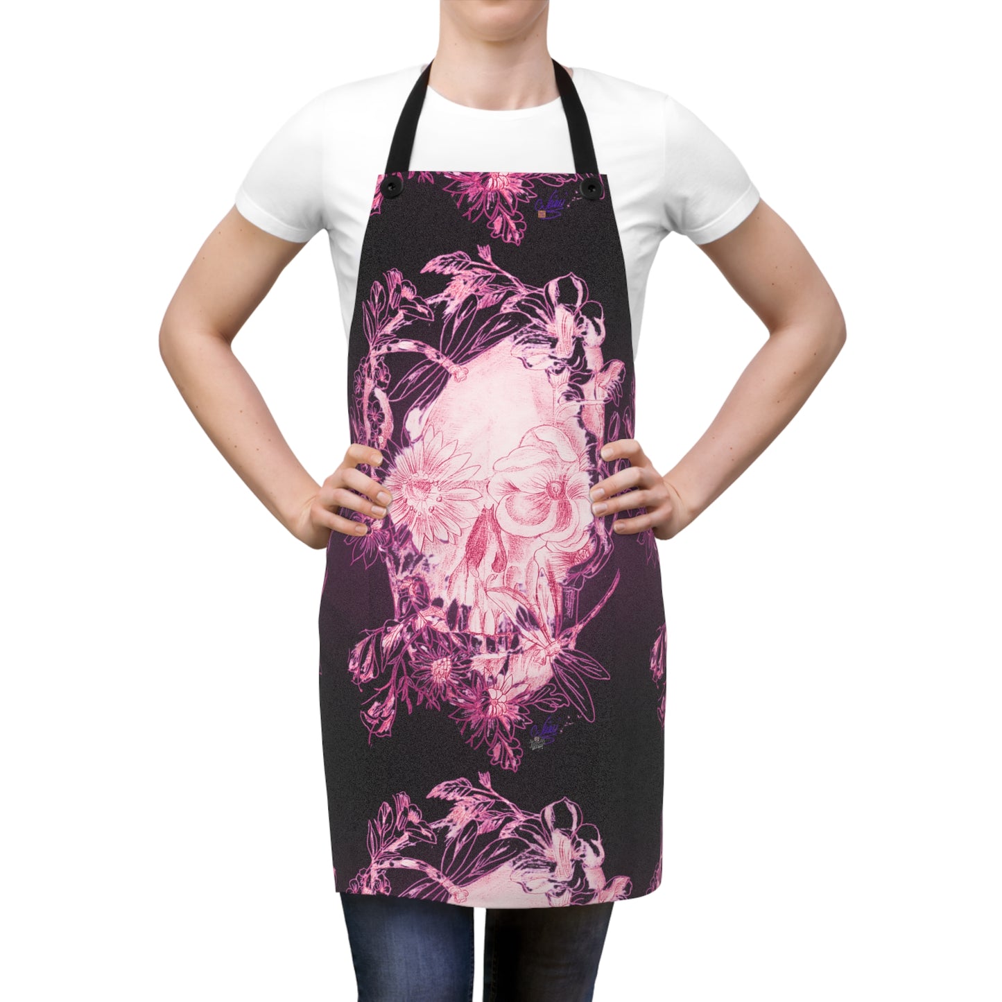 Floral Skull and Dragonfly Tattoo Art (Pink) - Apron