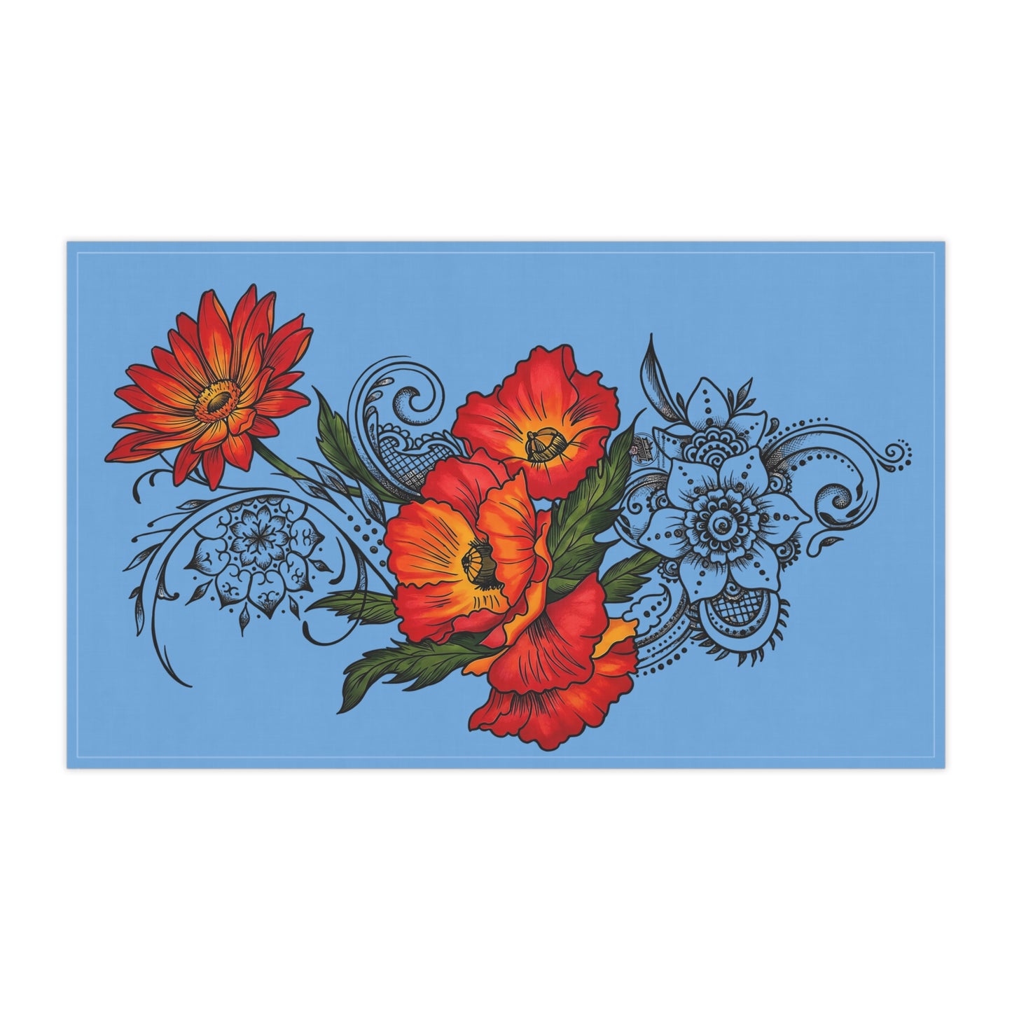 Floral Red Poppy Tea Towel — on Sky Blue Kitchen Towel