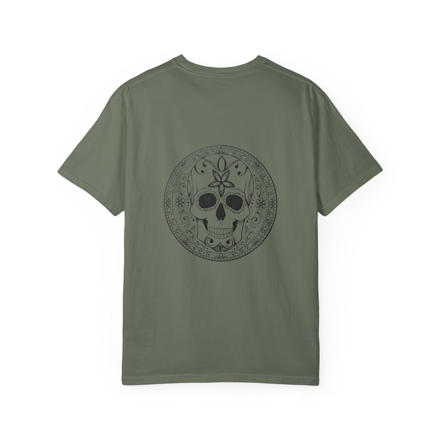 Skull Flower Mandela Trio - Unisex T-Shirt — Hand-Drawn Flower Bouquet & Sugar Skull Back Print