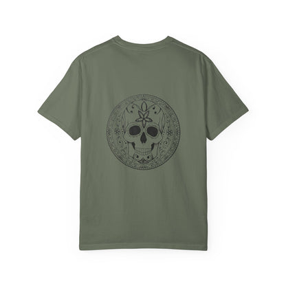 Skull Flower Mandela Trio - Unisex T-Shirt — Hand-Drawn Flower Bouquet & Sugar Skull Back Print