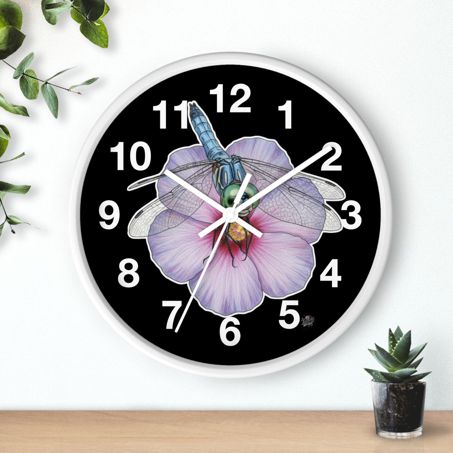 Dragonfly Hibiscus - Wall Clock — Black Background Silent 10" Clock