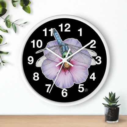 Dragonfly Hibiscus - Wall Clock — Black Background Silent 10" Clock