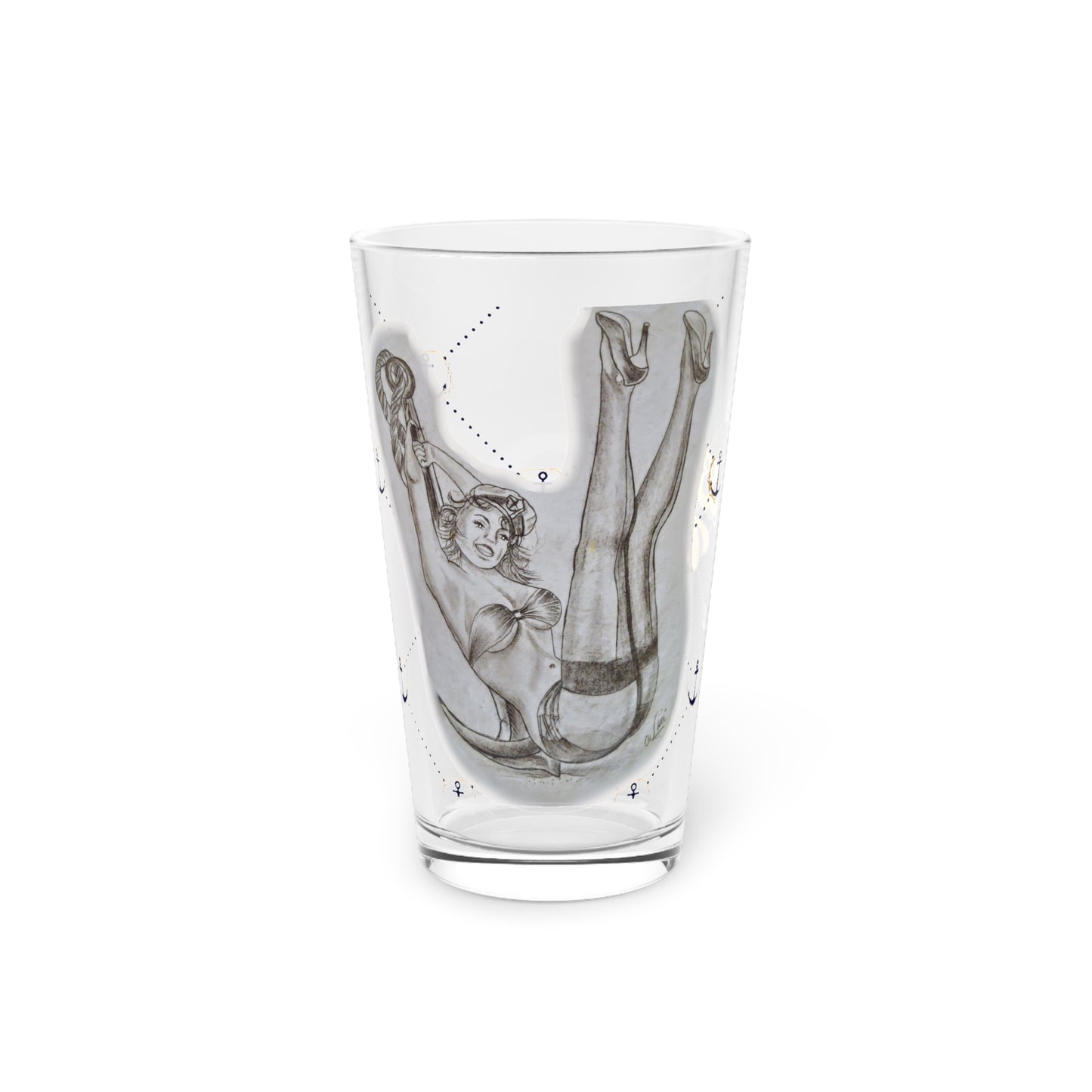 Vintage Sailor Girl Artwork and BOTTOMS UP 16oz Pint Glass