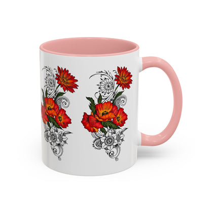 Orange & Red Poppy Flowers Original Tattoo Artwork - Coffee Mug (11oz & 15oz) Your choice of Interior & Handle choices