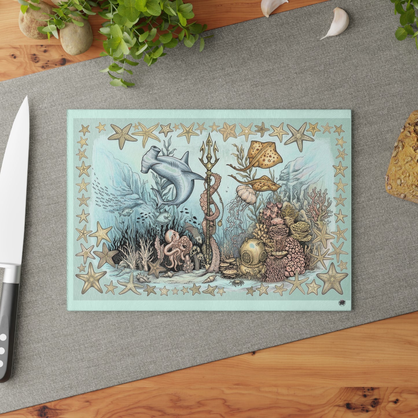 Ocean Tattoo Underwater Journey Glass Cutting Board (In Color)