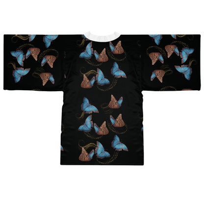 Blue Morphis Butterfly Kimono Robe — Silky Long-Sleeve Lounge & Party Wrap
