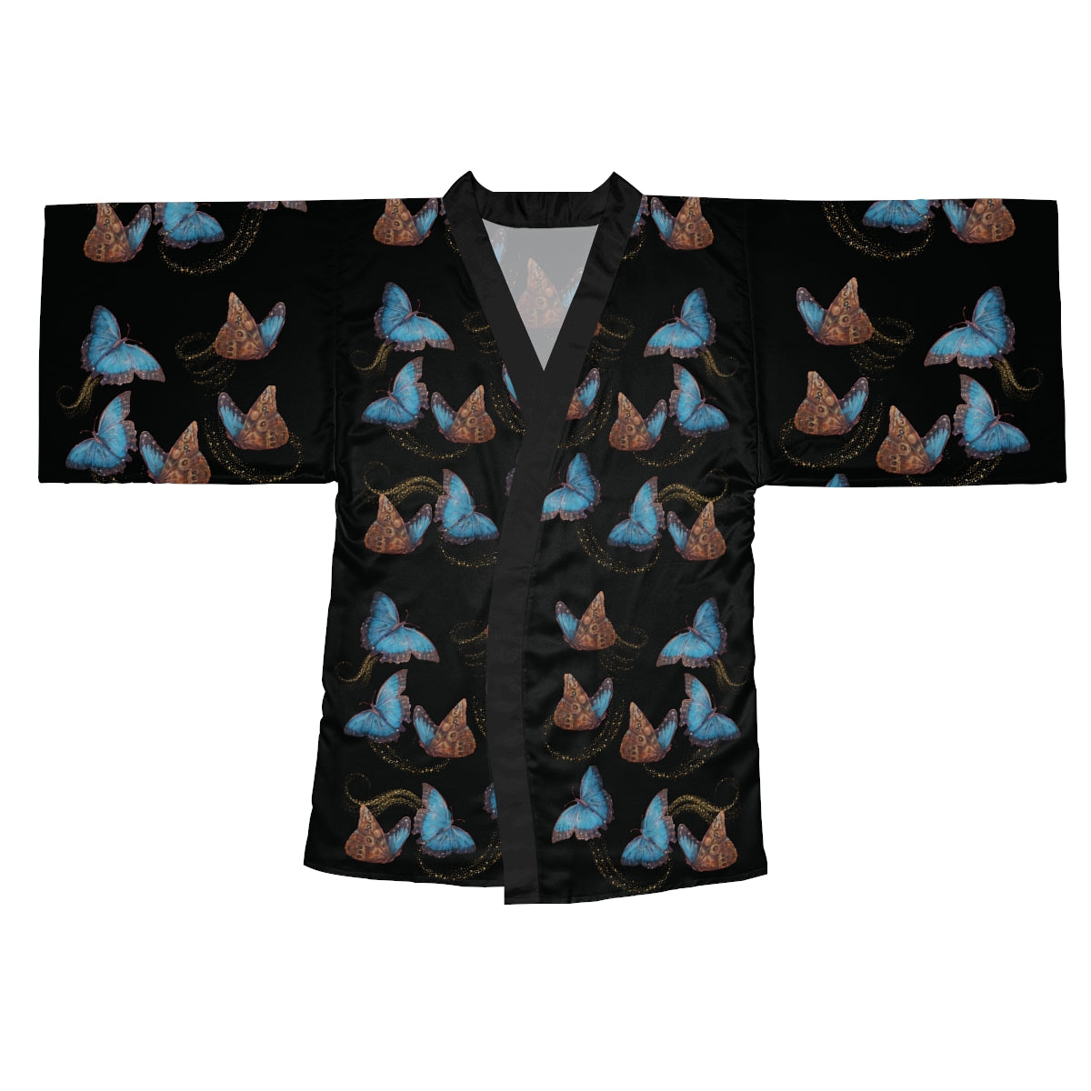 Blue Morphis Butterfly Kimono Robe — Silky Long-Sleeve Lounge & Party Wrap