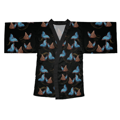 Blue Morphis Butterfly Kimono Robe — Silky Long-Sleeve Lounge & Party Wrap