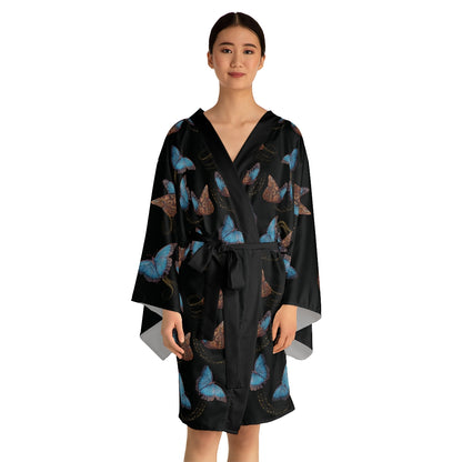 Blue Morphis Butterfly Kimono Robe — Silky Long-Sleeve Lounge & Party Wrap