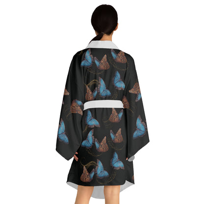 Blue Morphis Butterfly Kimono Robe — Silky Long-Sleeve Lounge & Party Wrap