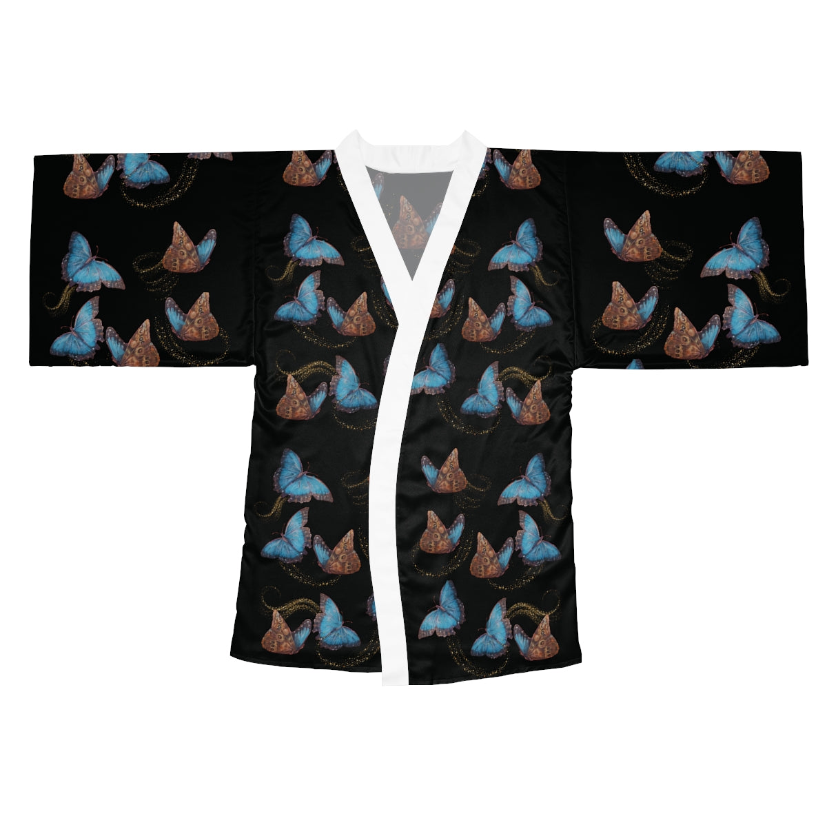 Blue Morphis Butterfly Kimono Robe — Silky Long-Sleeve Lounge & Party Wrap