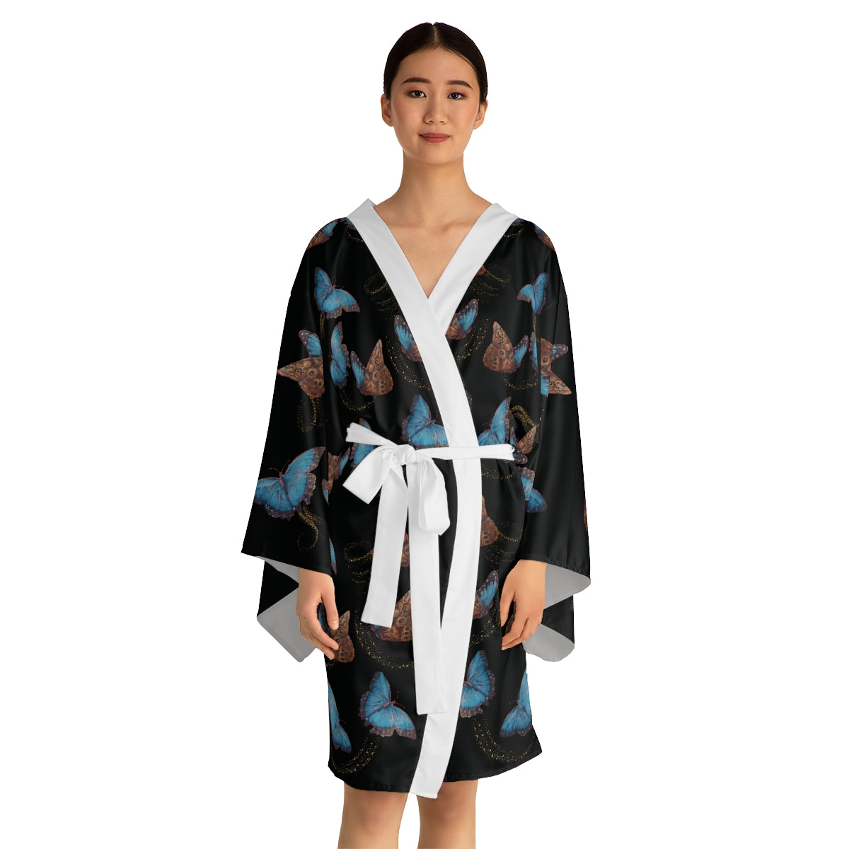 Blue Morphis Butterfly Kimono Robe — Silky Long-Sleeve Lounge & Party Wrap